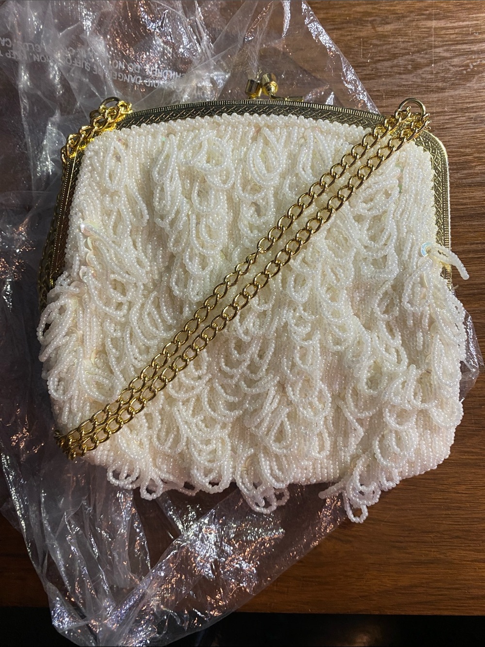 Ivory Beaded Evening Clutch with Gold Chain Strap